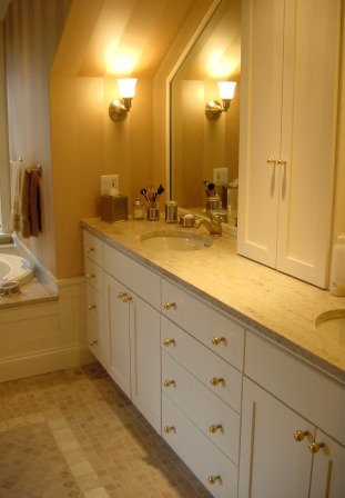 Residential Bathroom Project: Double vanity in Giallo Ornamental granite with a pencil edge.